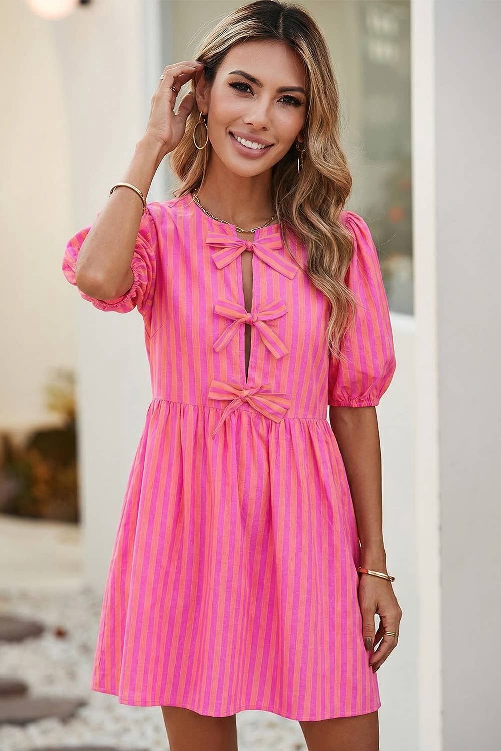 Striped Print Bow Detail Short Puff Sleeve Mini Dress|S-4X