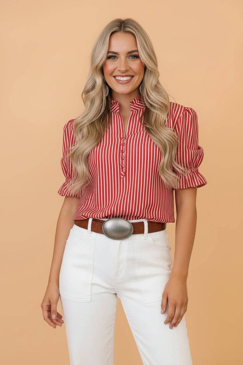 PRETTY BASH Stripe Ruffle Button Front Blouse