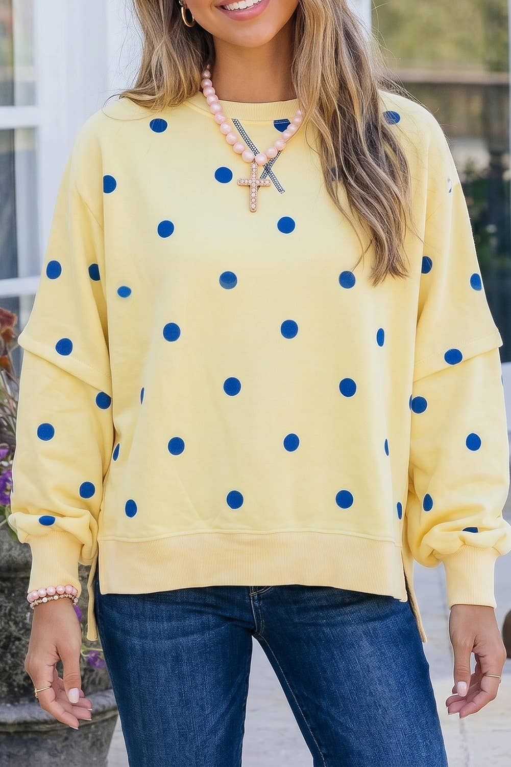 Polka Dot Round Neck Long Sleeve Tunic Pullover S-4X, Color: Yellow, Size: S