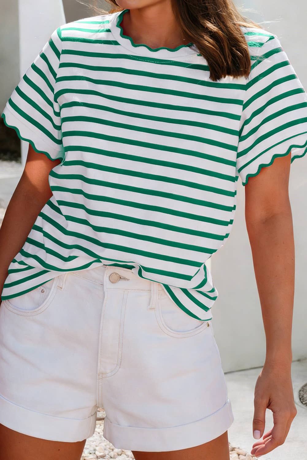 LDC Scalloped Trim Round Neck Stripe T Shirt| S-4X, Color: Green Stripe-2, Size: S