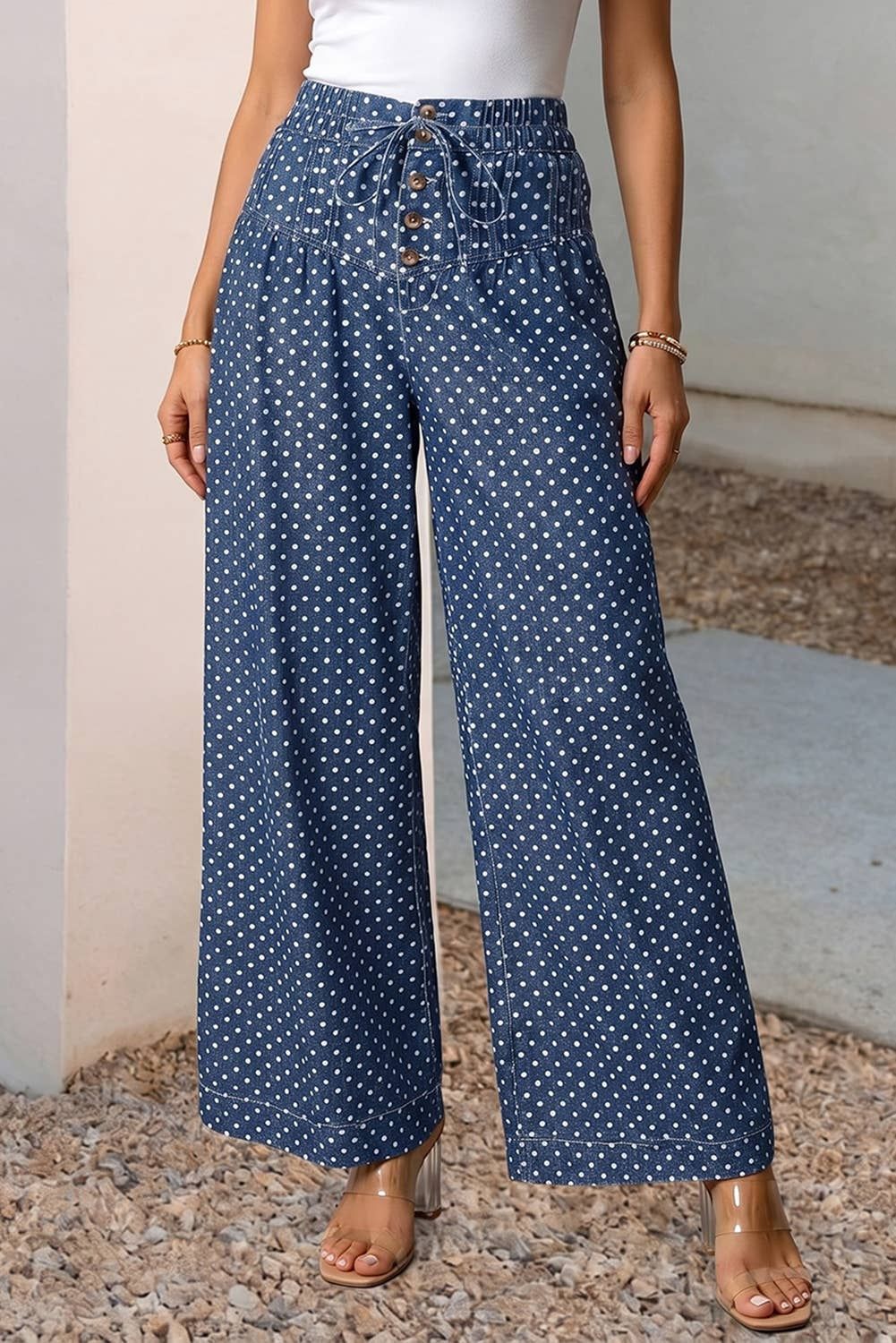 Polka Dot Print Button Pleated Detail Wide Leg Jeans