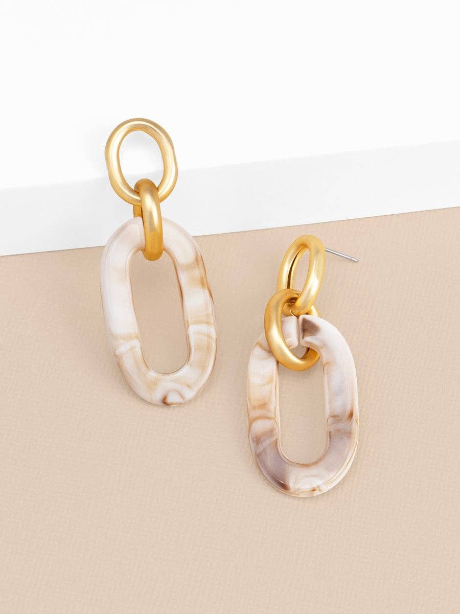 Marbled Beige Resin &amp; Matte Gold Drop Earring