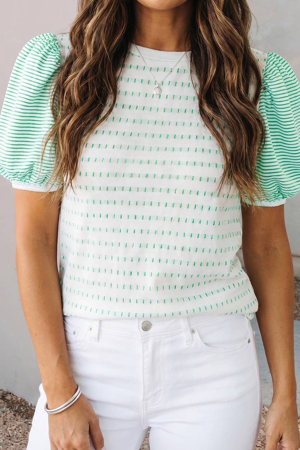 Green Striped Short Puff Sleeve Casual Top