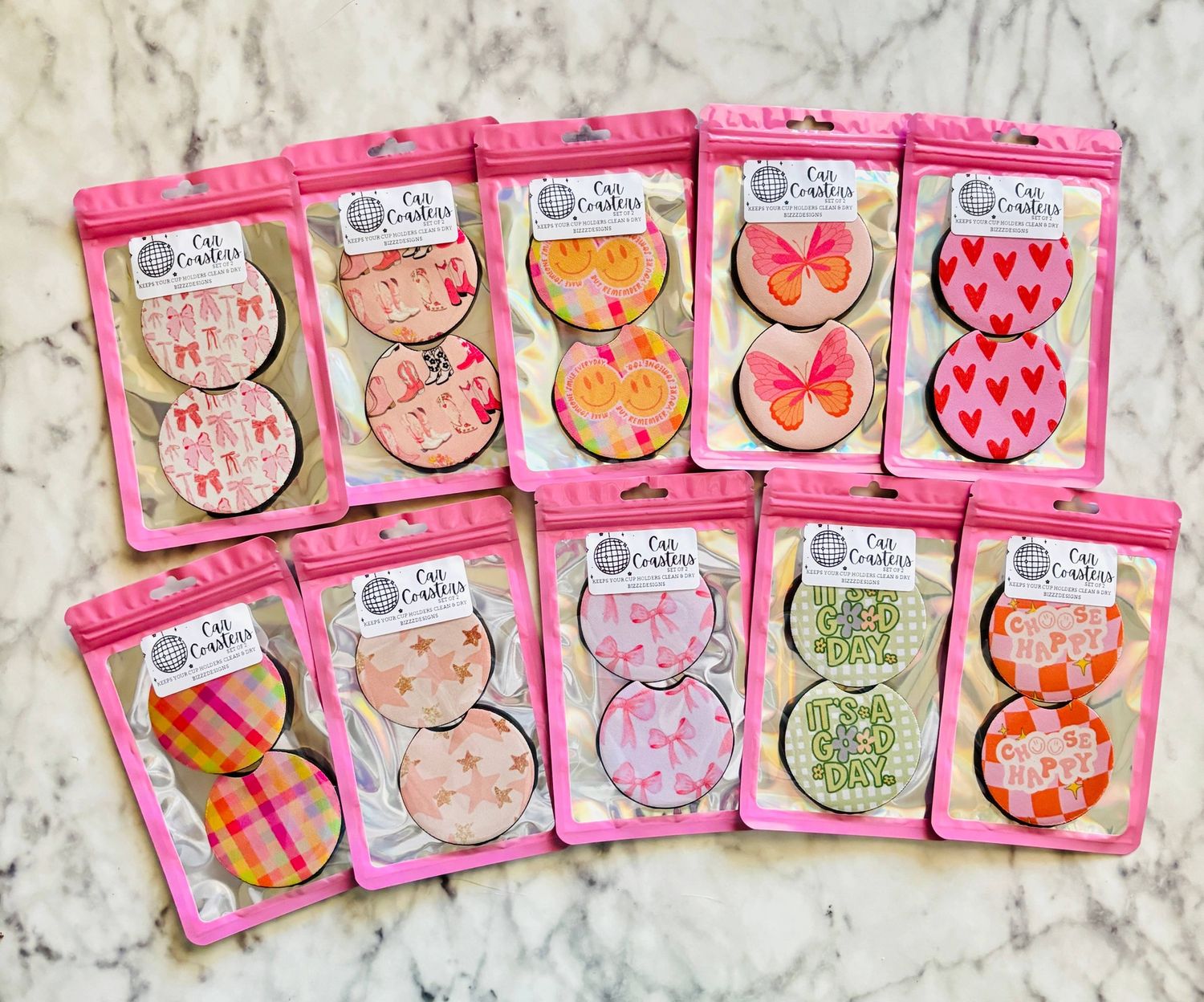 Pink Bow Coquette Themed Car Coasters | Set of 10