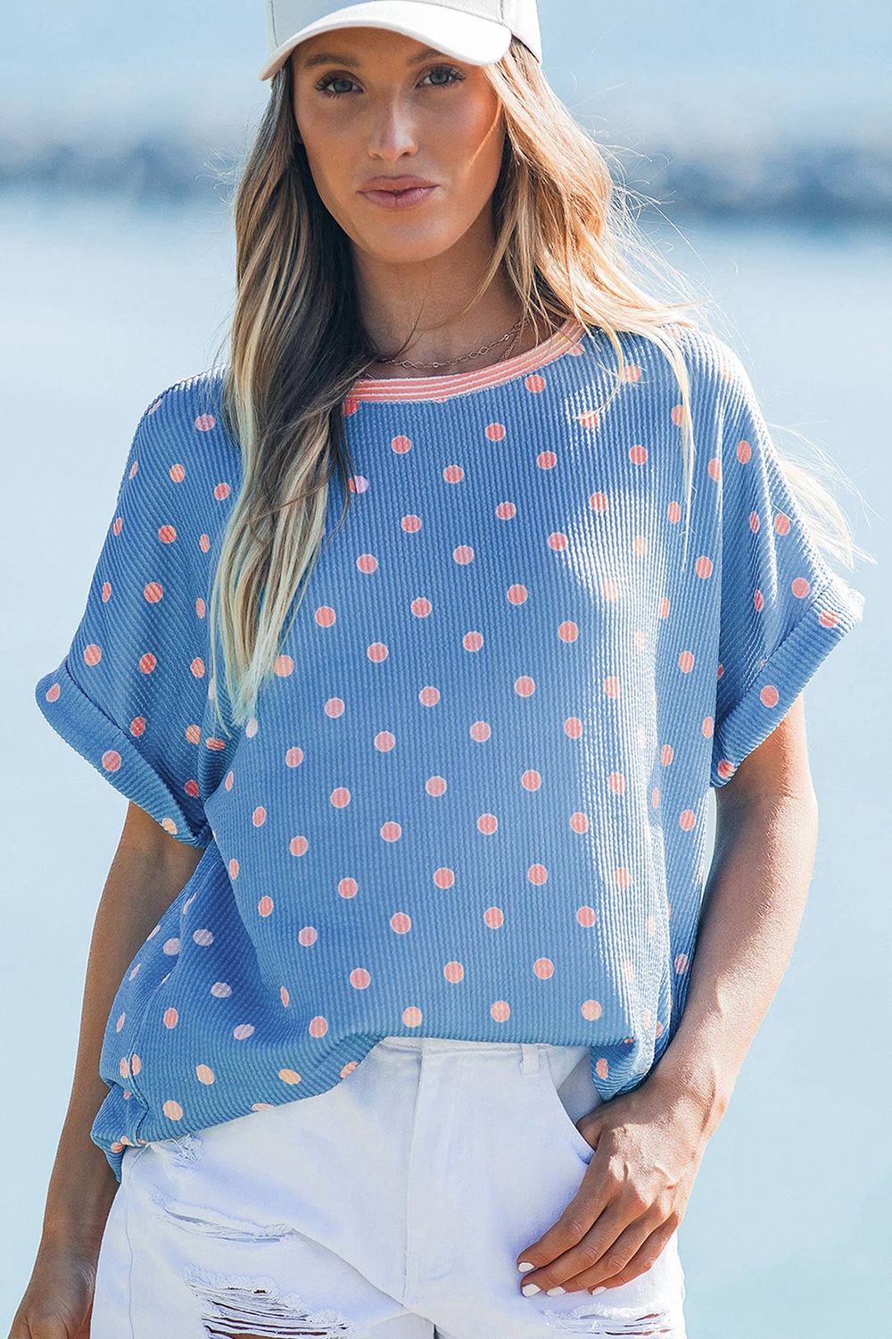 Casual Polka Dot Print Raised Rib Short Sleeve Top