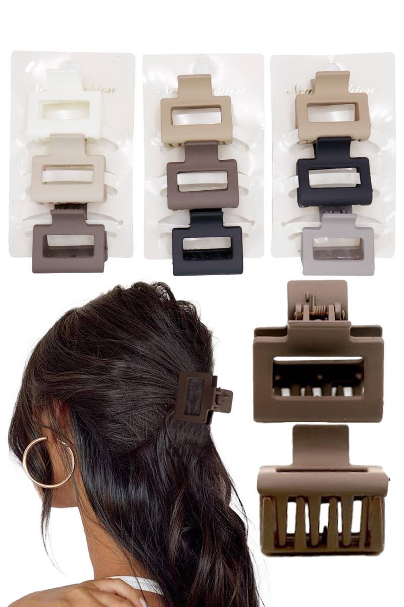Mini Cubic Matte Earth Tone Hair Claw - 3 pcs Pack, Color: ASSORTED, Size: ONE SIZE