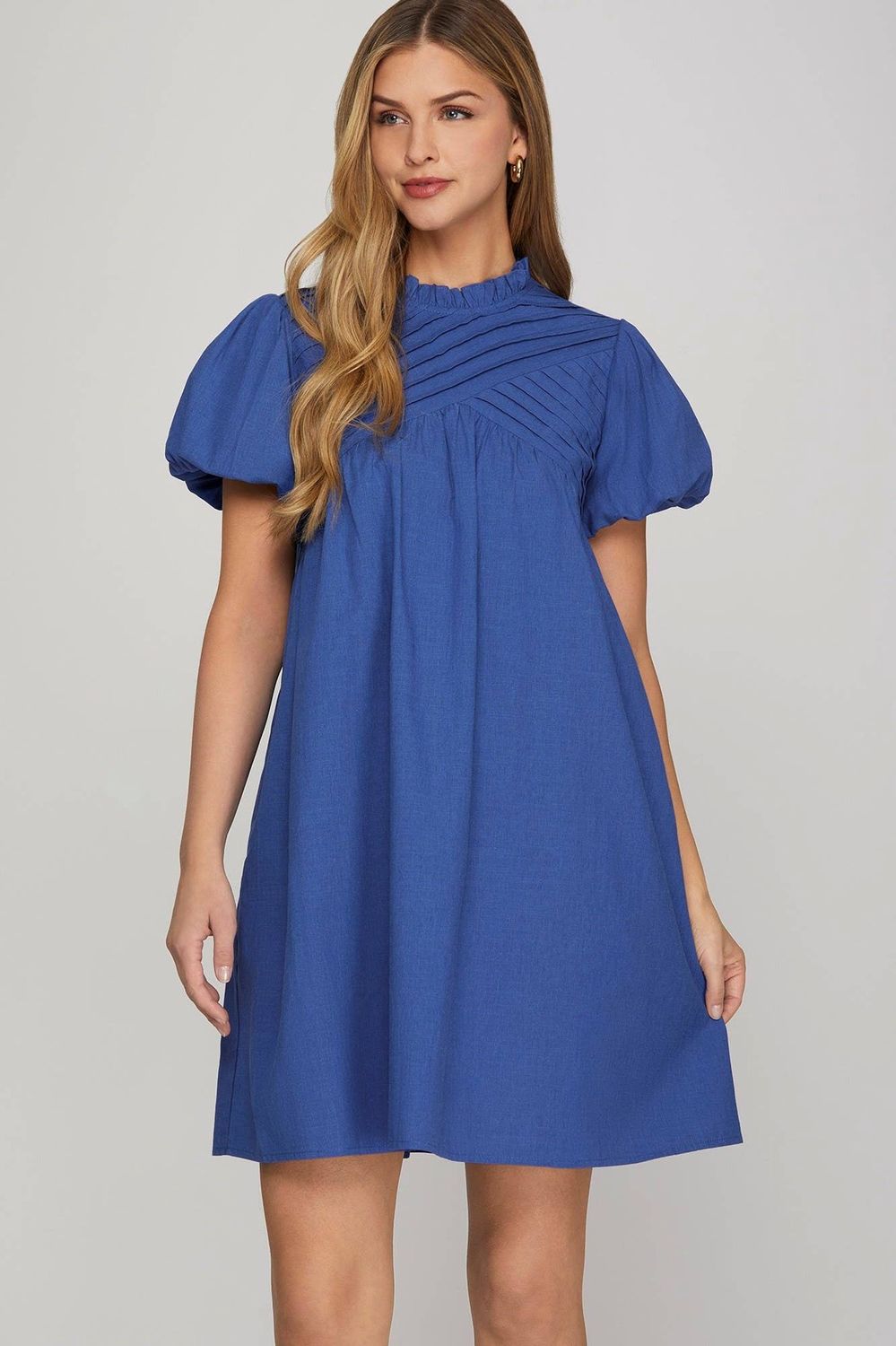 Pintuck Detail Mini Dress, Color: R BLUE, Size: 2-2-2 (S-M-L)