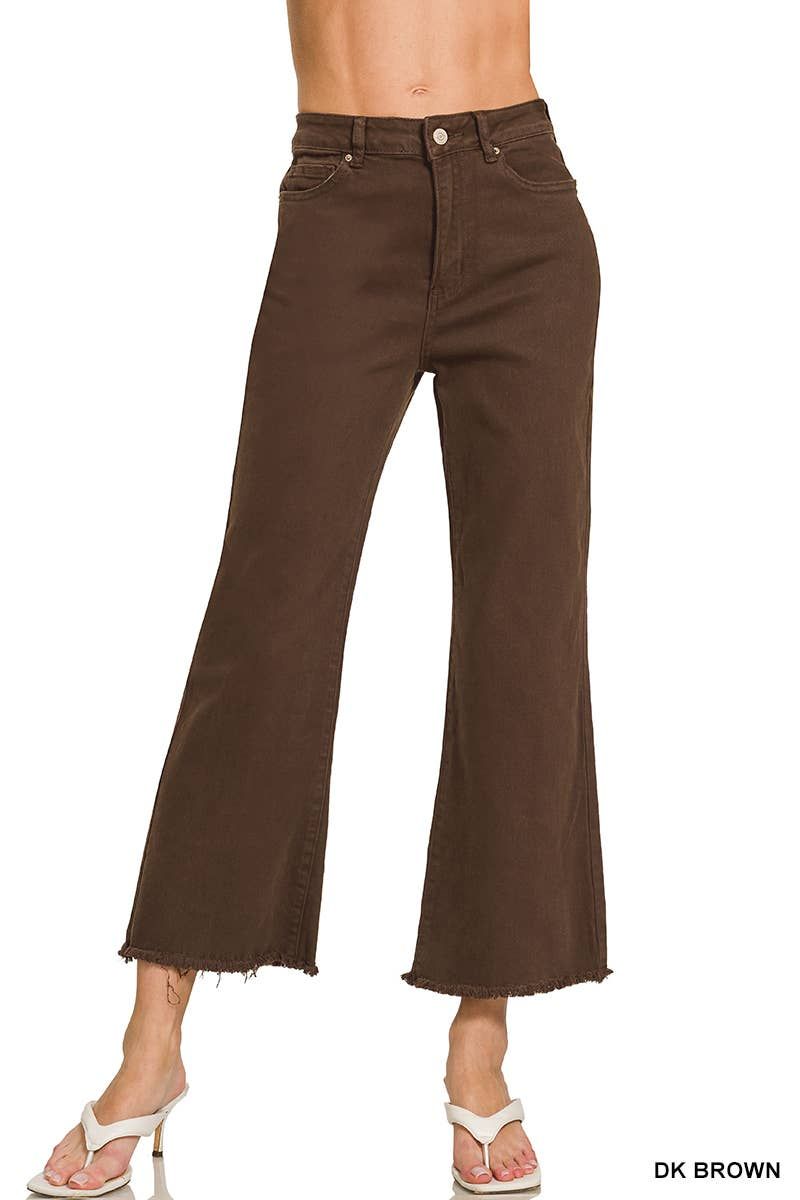 Acid Washed High Waist Frayed Hem Bootcut Pants, Color: DK BROWN, Size: 1-2-2-1 (S-M-L-XL)