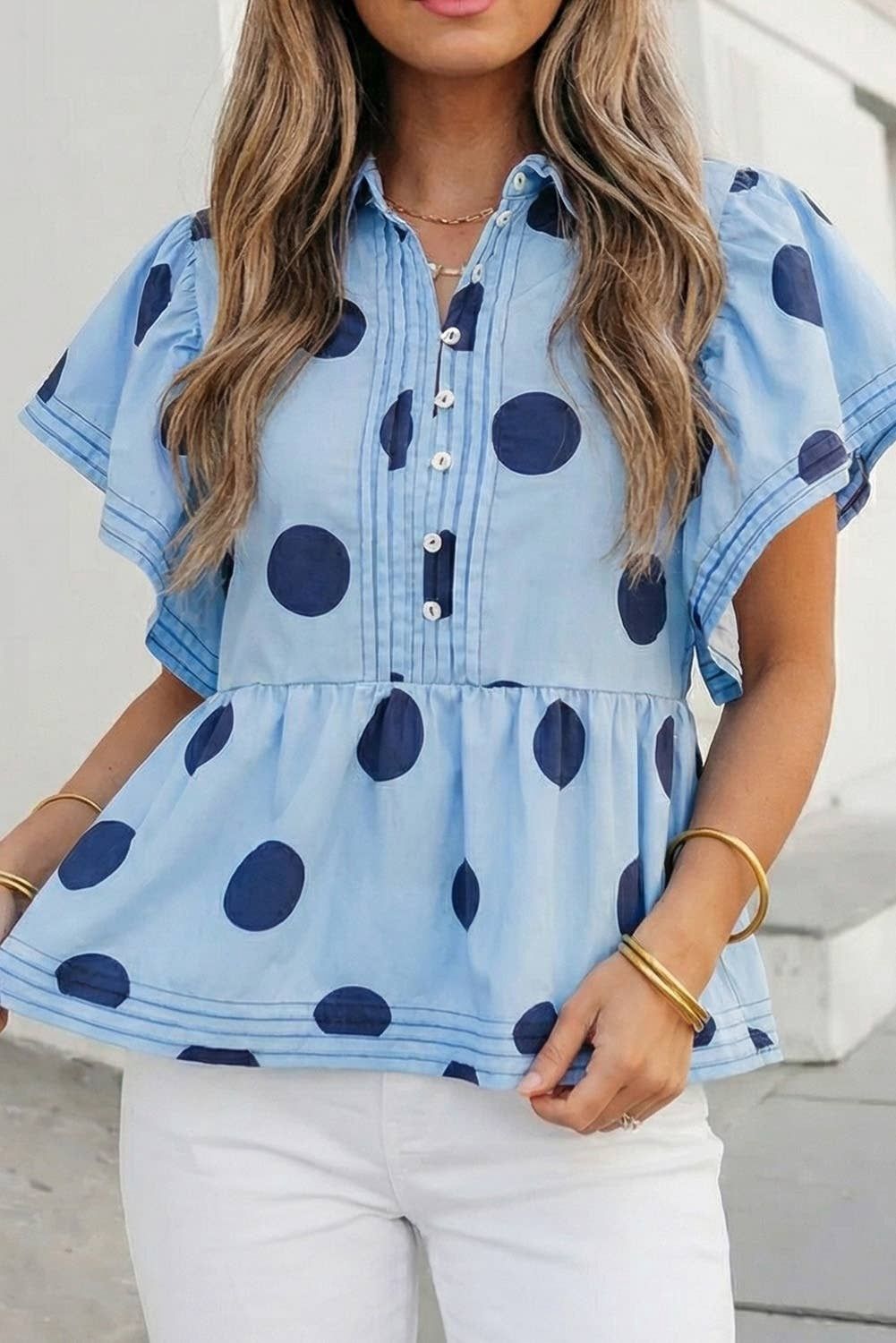 Polka Dot Print Ruffled Buttoned Summer Blouse | S-XL, Color: As shown, Fit: Missy, Size: S