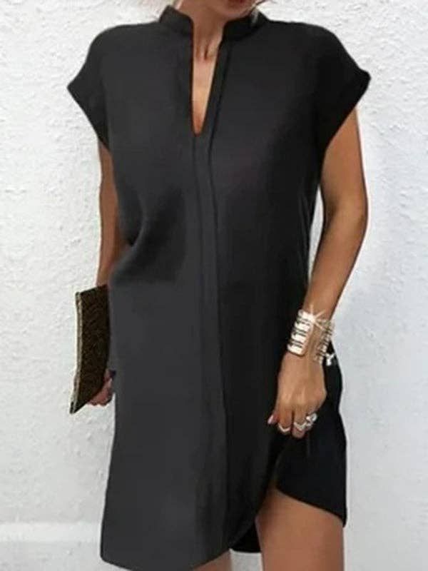 Loose Short Sleeves Solid Color Split-Joint V-Neck Mini Dresses Short Dresses, Color: BLACK, Size: L