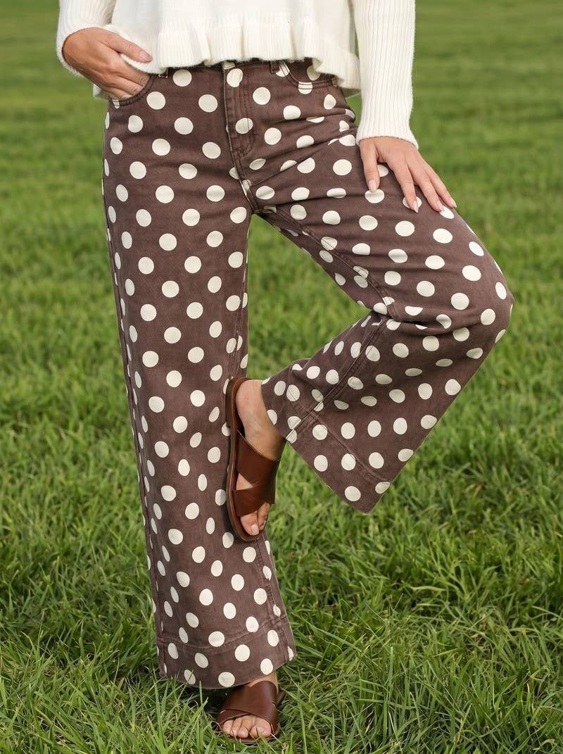 Polka Dot Straight Leg Cotton Denim Span Pants VP83369B, Color: Brown, Size: L