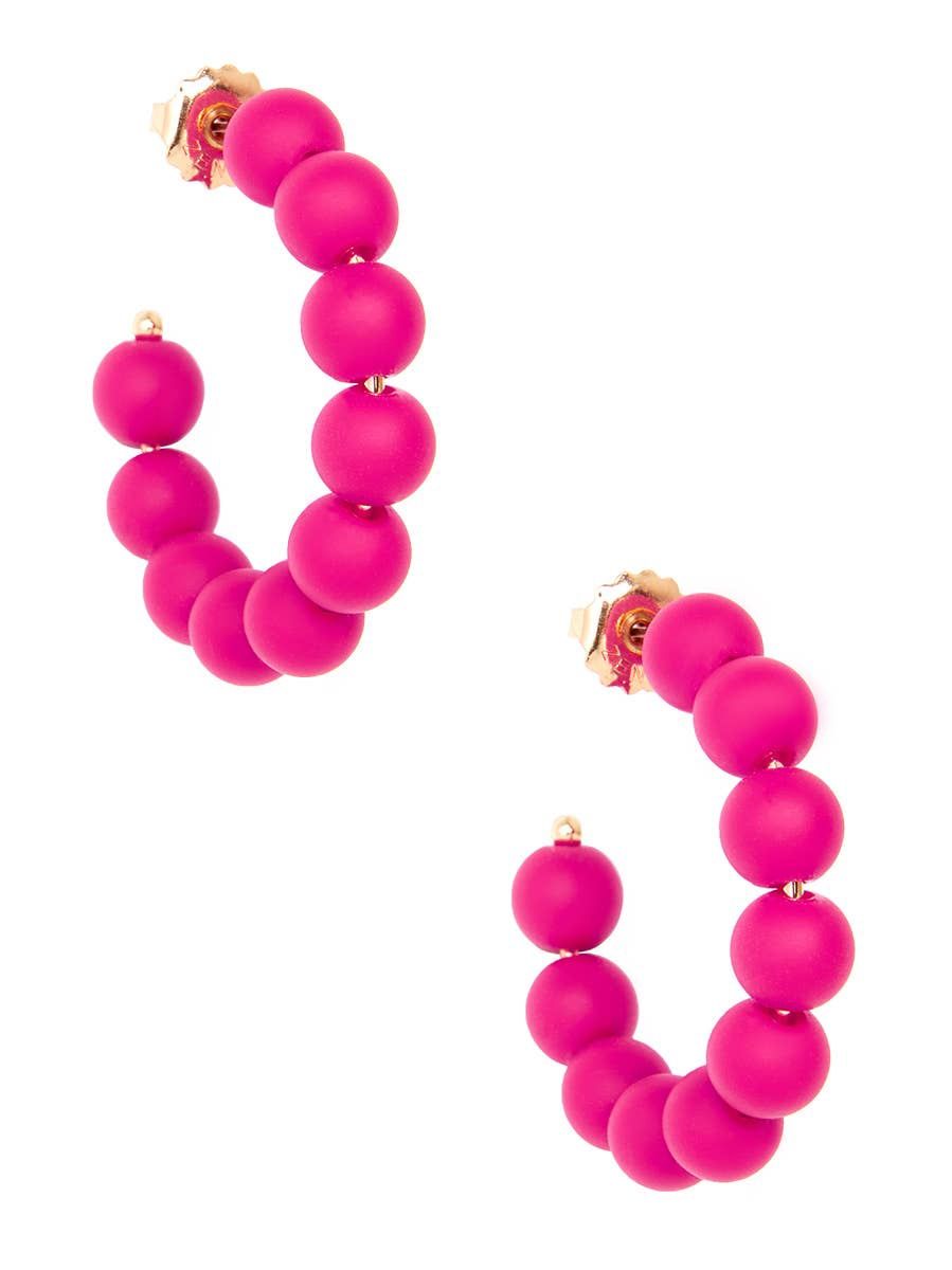Small Matte Beaded Resin C-Shape Hoop Earring, Color: Hot Pink