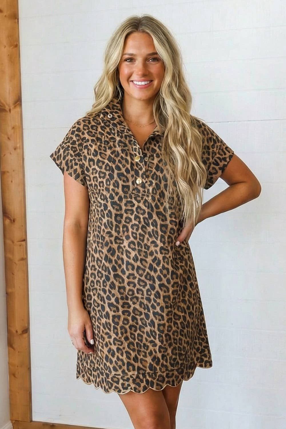 LAS Westren Buttoned Shift Leopard Dress with Pockets (S-XL), Color: Khaki, Fit: Missy, Size: XL