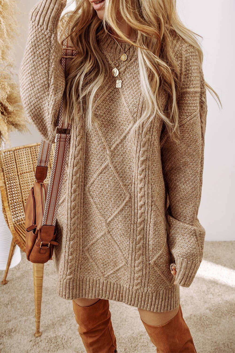 Grace Cable Knit Loose Fit Knit Sweater Dress | S-2XL