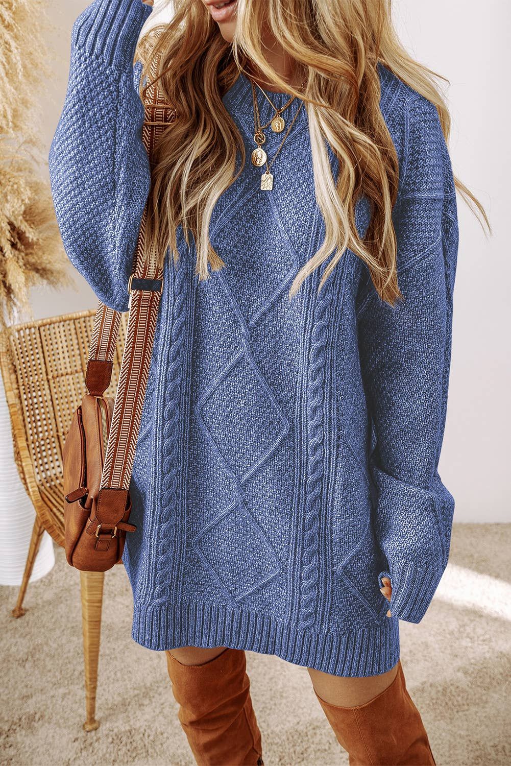 Grace Cable Knit Loose Fit Knit Sweater Dress | S-2XL, Color: Blue, Fit: Missy, Size: XS
