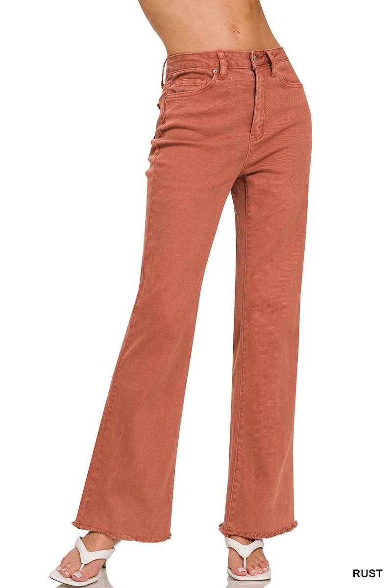 Acid Washed Frayed Cutoff Hem Straight Wide Pants, Color: RUST, Size: 1-2-2-1 (S-M-L-XL)