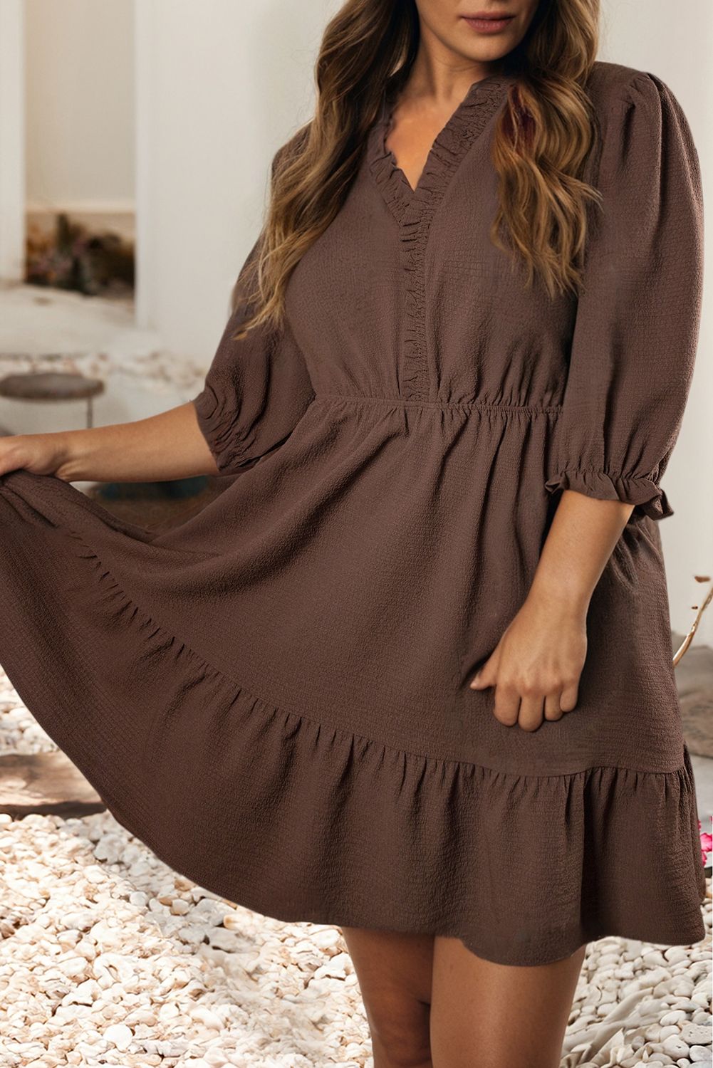 LDC Frilled Trim V Neck Puff Sleeve Textured Mini Dress