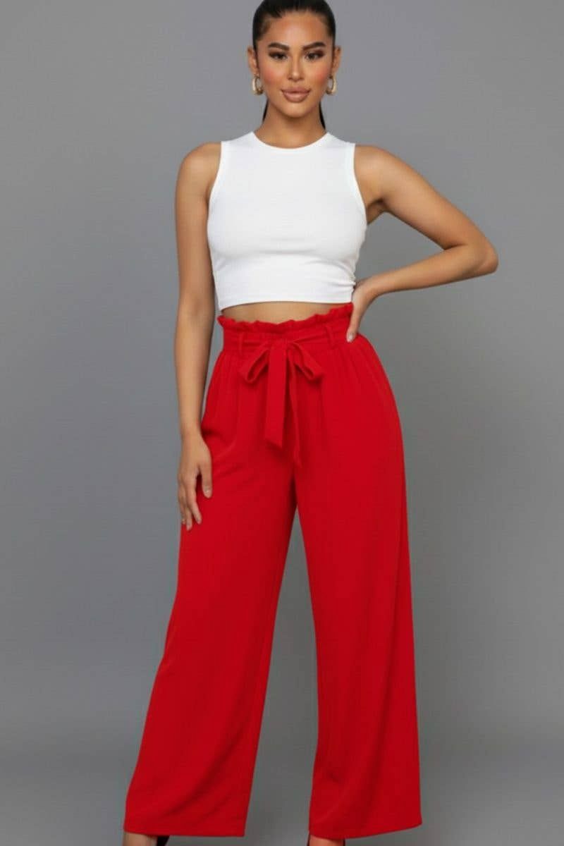 Basic Casual Tie Waist Wide-leg Pants, Color: FIERY RED, Size: 2-2-2(S-M-L)