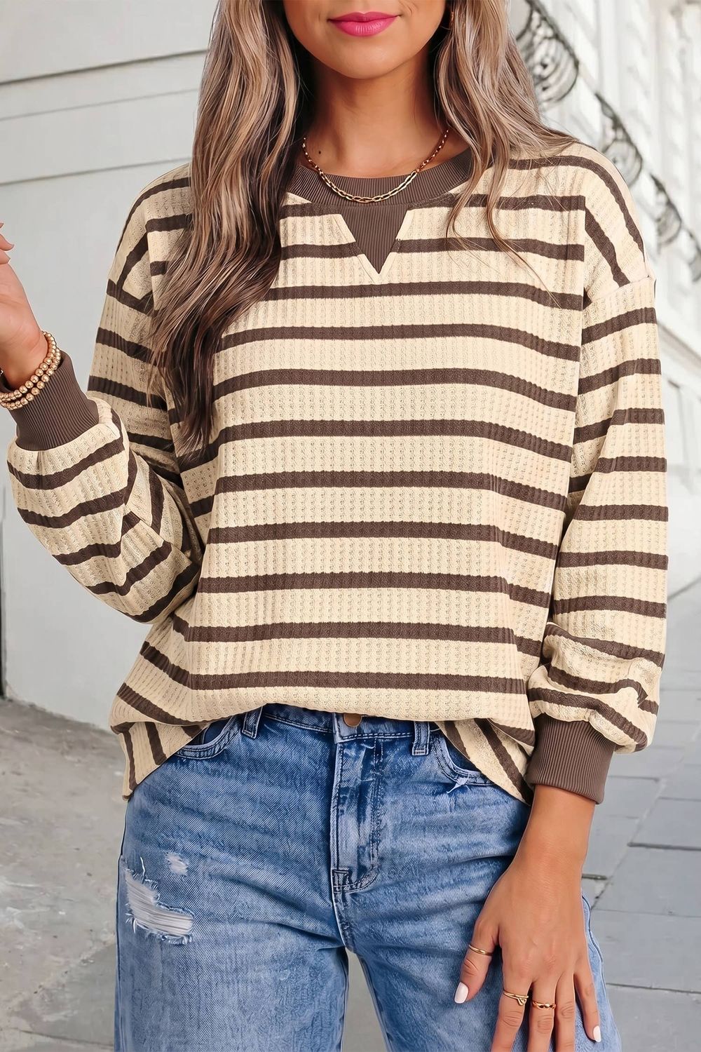 Striped Print Ribbed Cuff Casual Pullover Top | S-XL, Color: Brown Stripe, Size: S