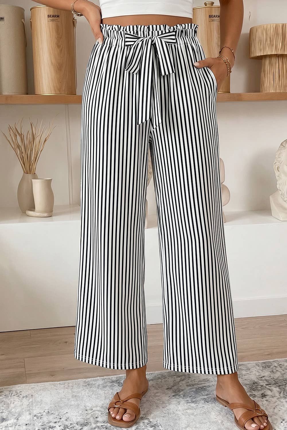 Plus Size Stripe Tied High Waist Loose Straight Pants (S-4X)
