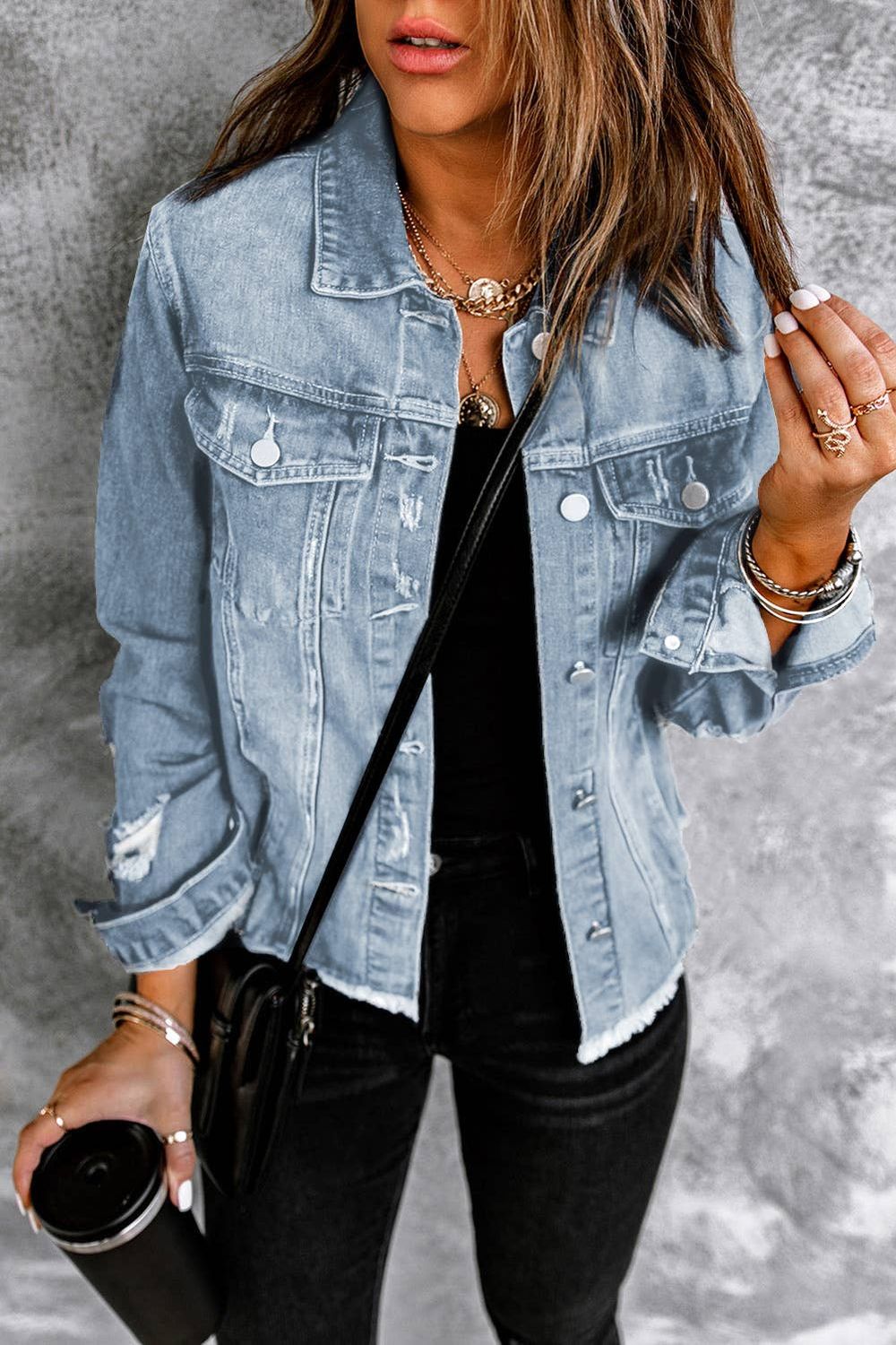 LDC Lapel Distressed Raw Hem Buttons Denim Jacket, Color: Sky Blue, Size: M