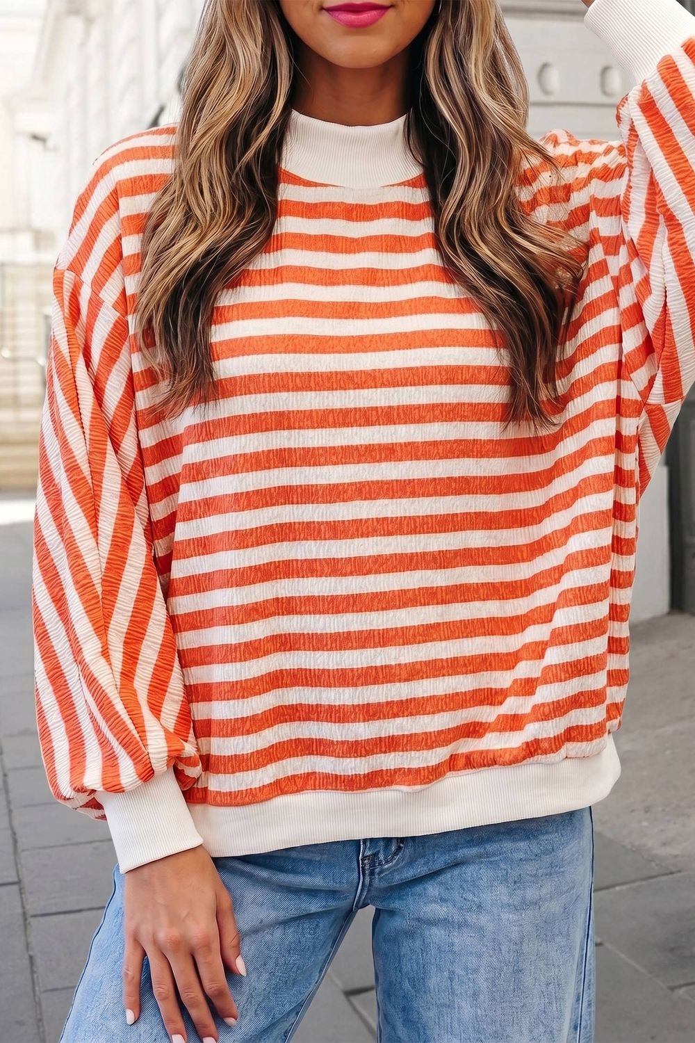 Striped Print Oversized Mock Neck Sweatshirt | S-XL