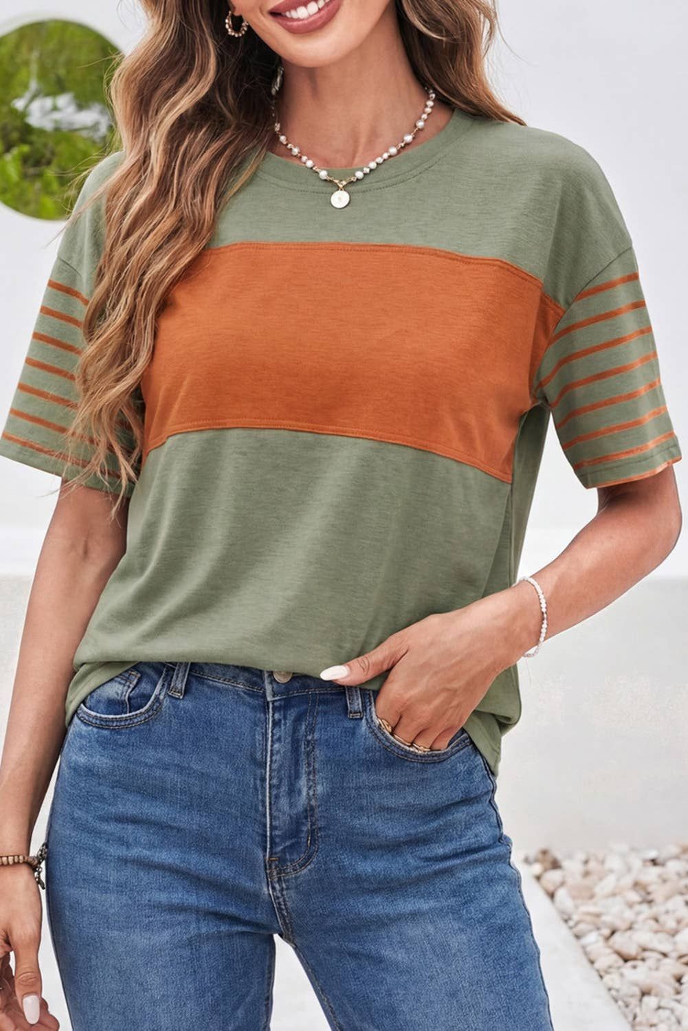 LDC Color Block Striped Detail Loose T Shirt, Color: Laurel Green, Size: 2XL