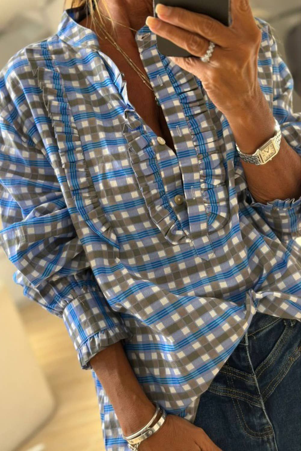 Plaid Long Sleeve Frilled Detail Half Button Blouse (S-XL), Color: Blue, Fit: Missy, Size: L