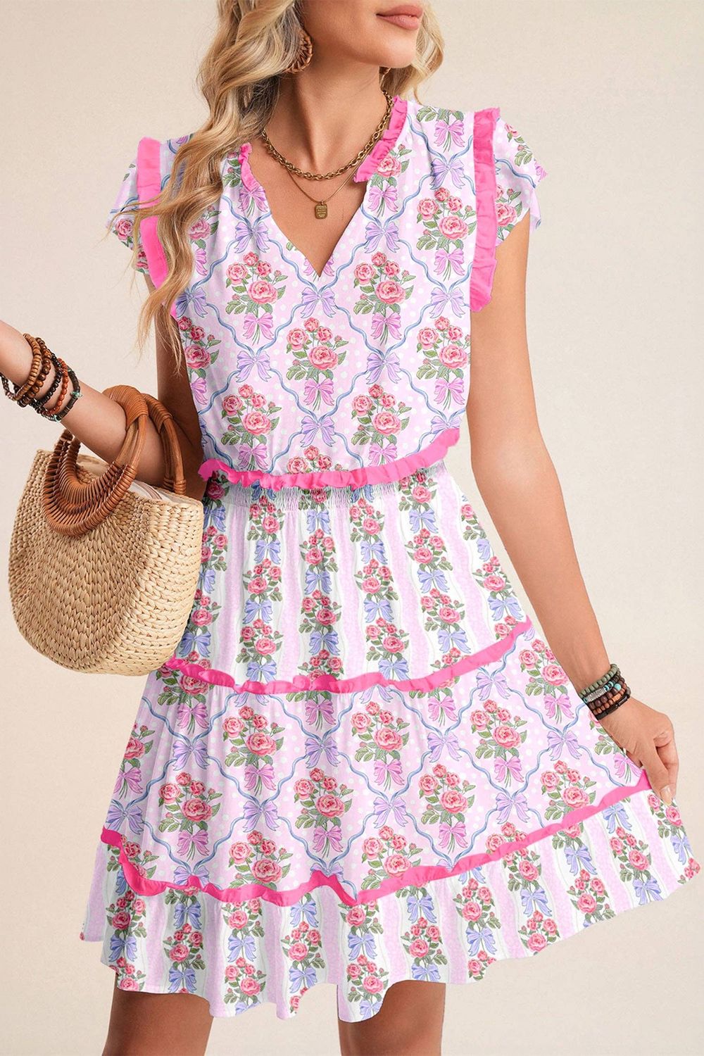 Purple Tiered Ruffles Sleeveless Summer Floral Dress, Color: Purple, Material: 100%Polyester, Size: L