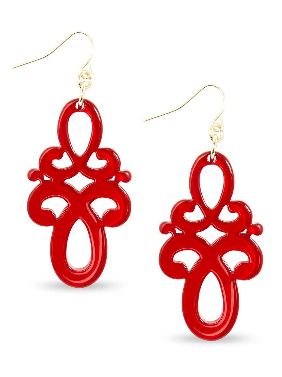 Double Scroll Drop Earring, Color: Red