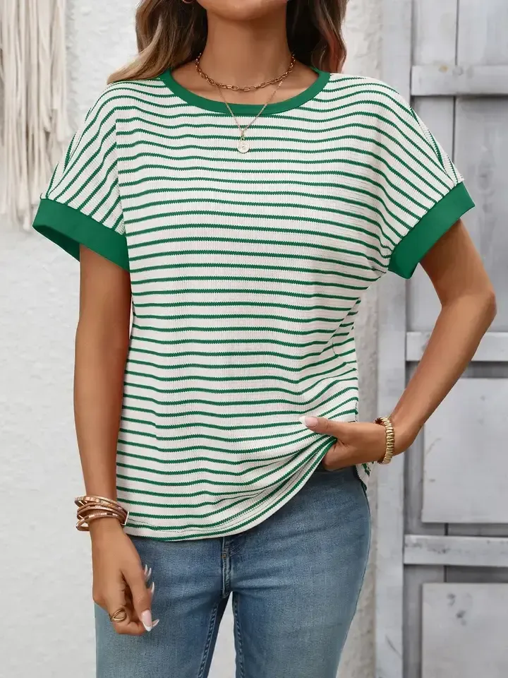 Women Striped Knit Top Short Sleeve Casual Loose Fit Tee, Color: Green, Material: 65%Viscose+35%Polyester, Size: 2XL
