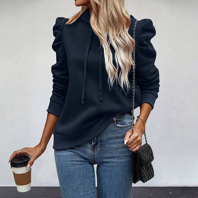 Solid Hoodie Sweatshirt Terry Top Trendy Puff Sleeve Casual, Color: Navy, Material: 95%Polyester+5% Elastane, Size: M