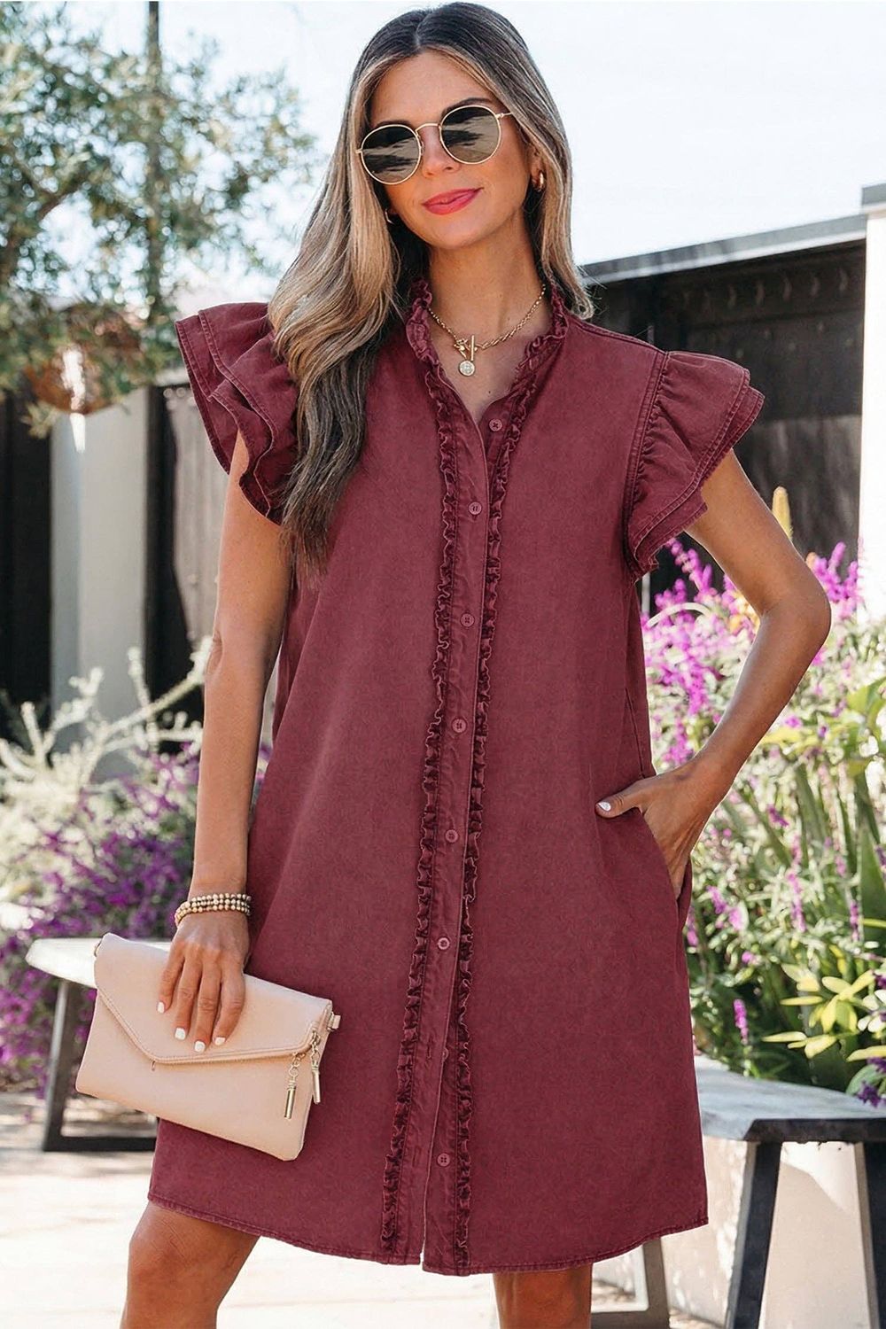 Emelia Short Sleeve Mini Dress, Color: Red Sandalwood, Size: XL - 16/18