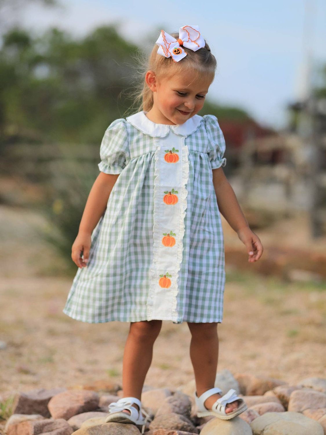 Fall Halloween &amp; Thanksgiving Pumpkin Applique Plaid Green Girls Dress