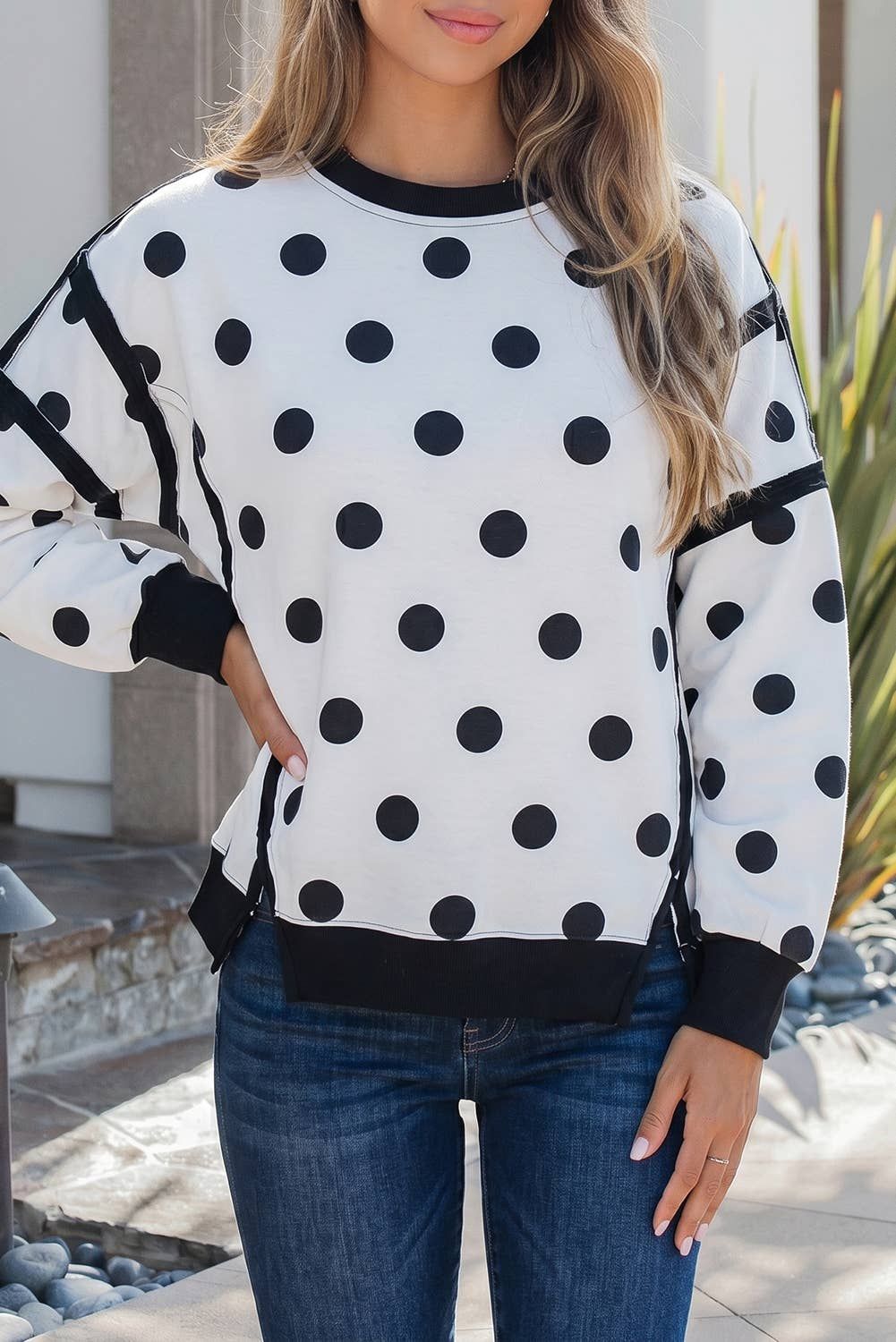Polka Dots Patchwork Long Sleeve Round Neck Sweatshirt, Color: White, Size: L