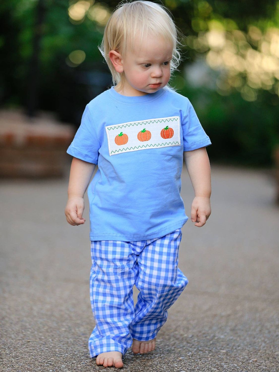 Fall Thanksgiving&amp; Halloween Blue Pumpkin Smock Embroidery Baby Boy'Set