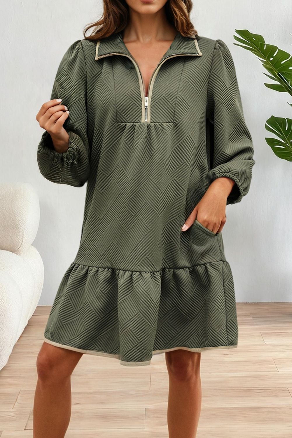 Quarter Zip Collar Bracelet Sleeve Textured Mini Dress