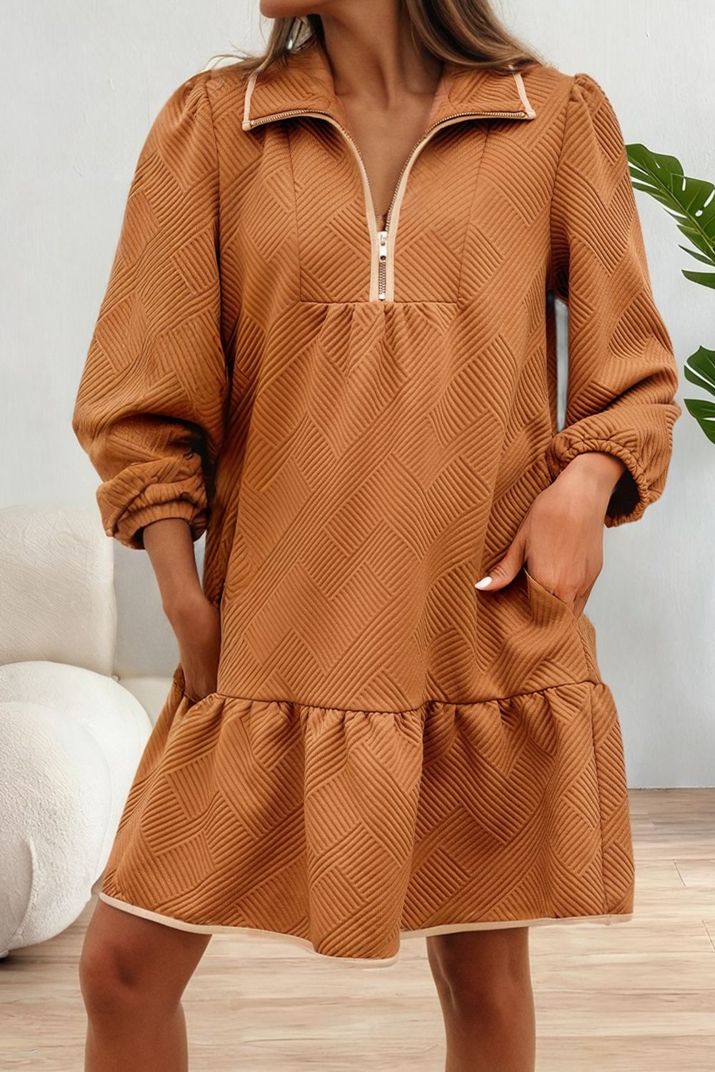 Quarter Zip Collar Bracelet Sleeve Textured Mini Dress, Color: Desert Gold, Fit: Missy, Size: S