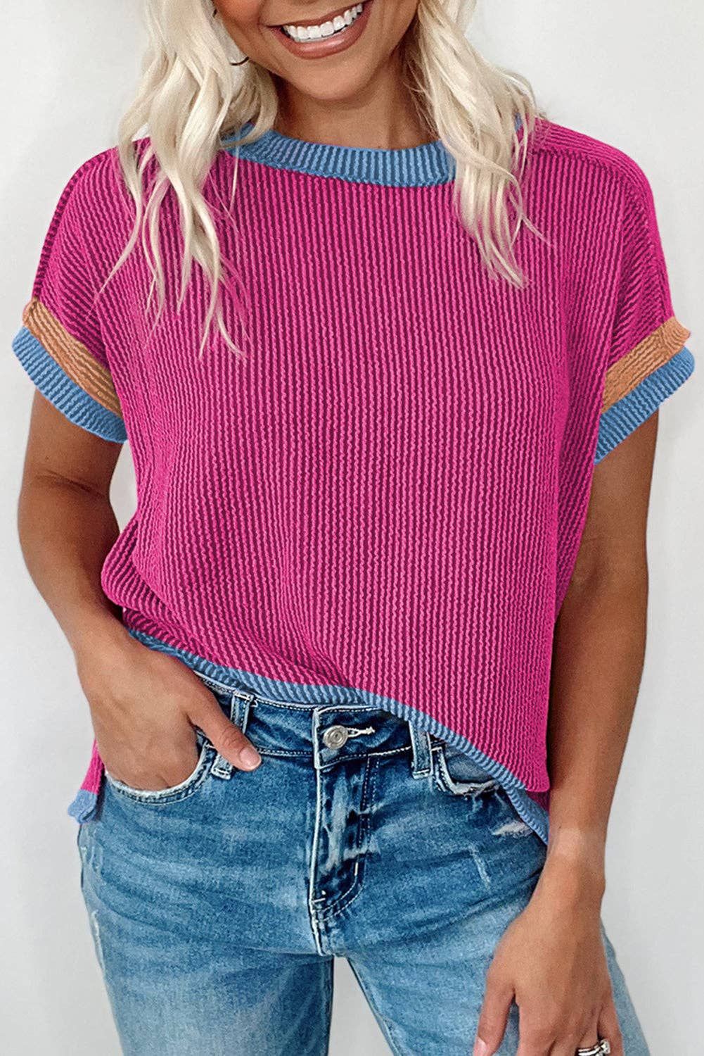 Textured Contrast Trim Round Neck T Shirt, Color: Bright Pink, Material: 75%Polyester+20%Viscose+5%Elastane, Size: M