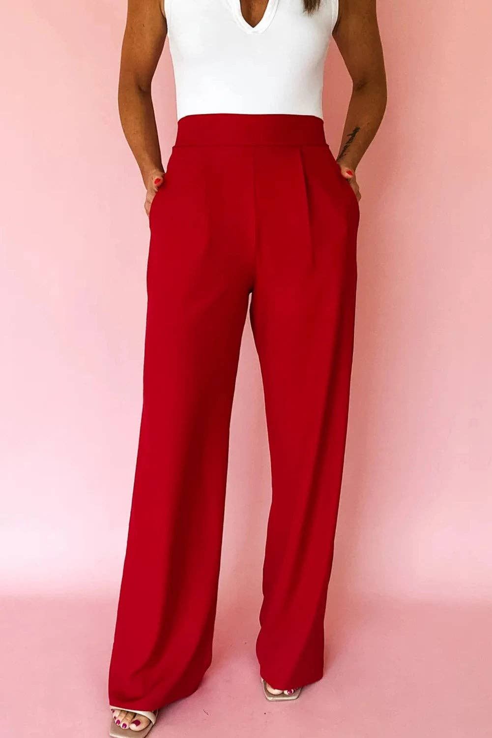 Black Pleated Detail Pull On High Elastic Waist Loose Straight Pants, Color: Fiery Red, Material: 97%Polyester+3%Elastane, Size: S