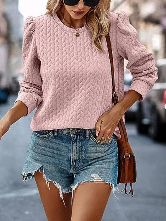 Textured Bubble Sleeve Sweater Women Crew Neck Pullover Top, Color: Pink, Material: 95%Polyester+ 5%Spandex, Size: S