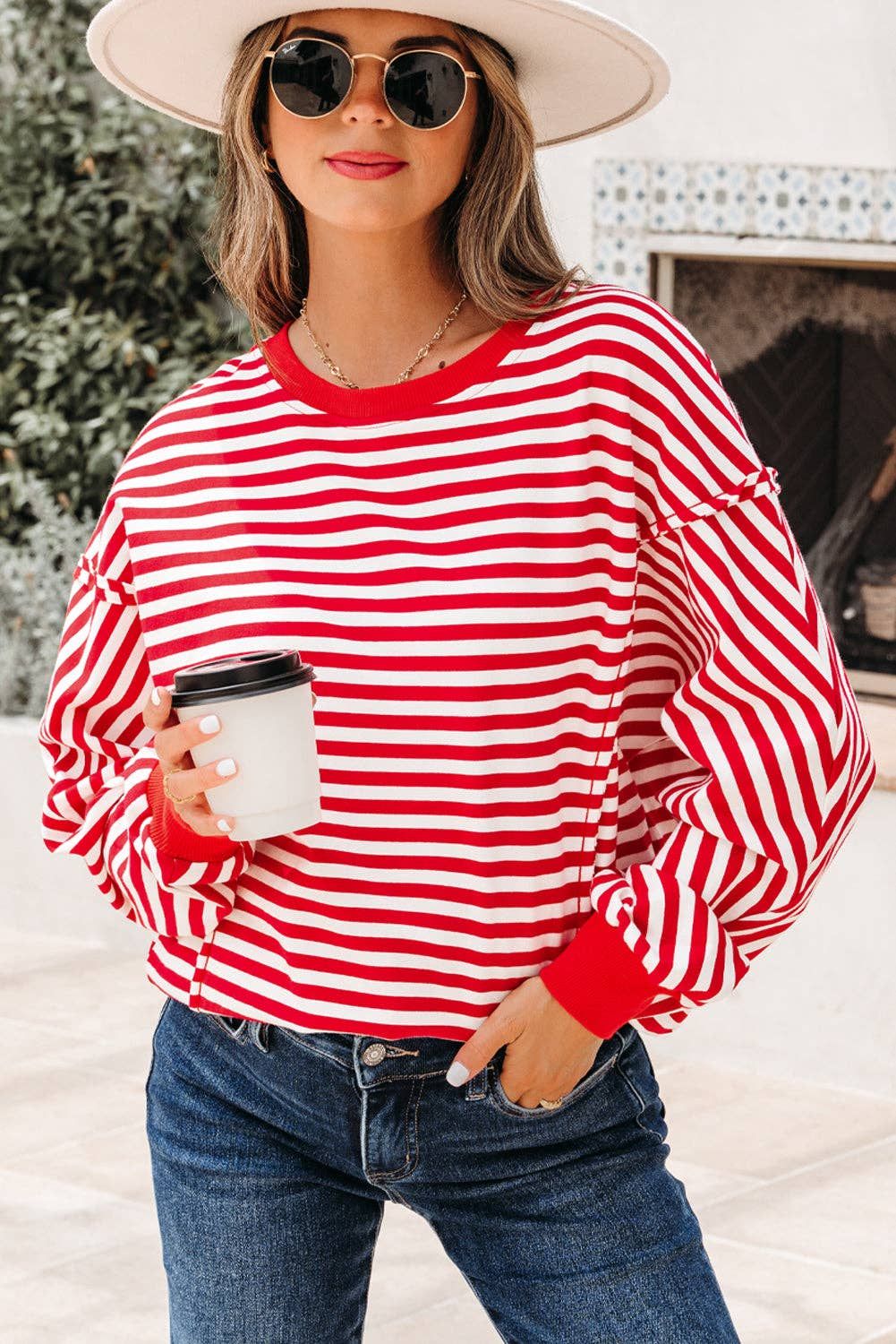 Red Stripe Oversized Pullover Exposed Seam Long Sleeve Top, Color: Red Stripe, Material: 95%Cotton+5%Elastane, Size: L
