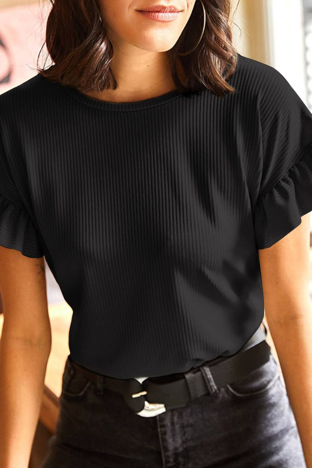 66 Solid Color Ribbed Ruffled Short Sleeve T Shirt (S-2XL), Color: Black, Fit: Missy, Size: S