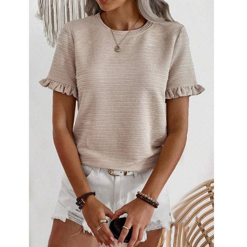Ruffle Sleeve Round Neck Textured Top for Women, Color: Khaki, Material: 90% (excluding) - 95% (including polyester (polyester fiber), Size: M
