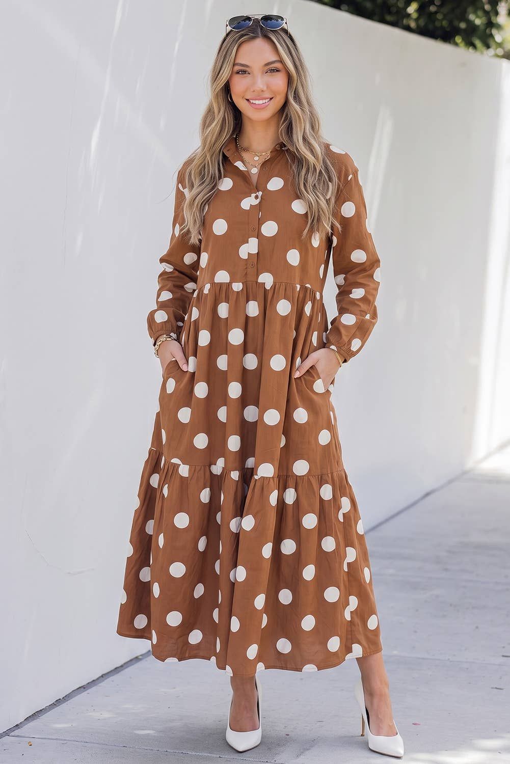 Polka Dot Button Front Long Sleeve Shift Dress