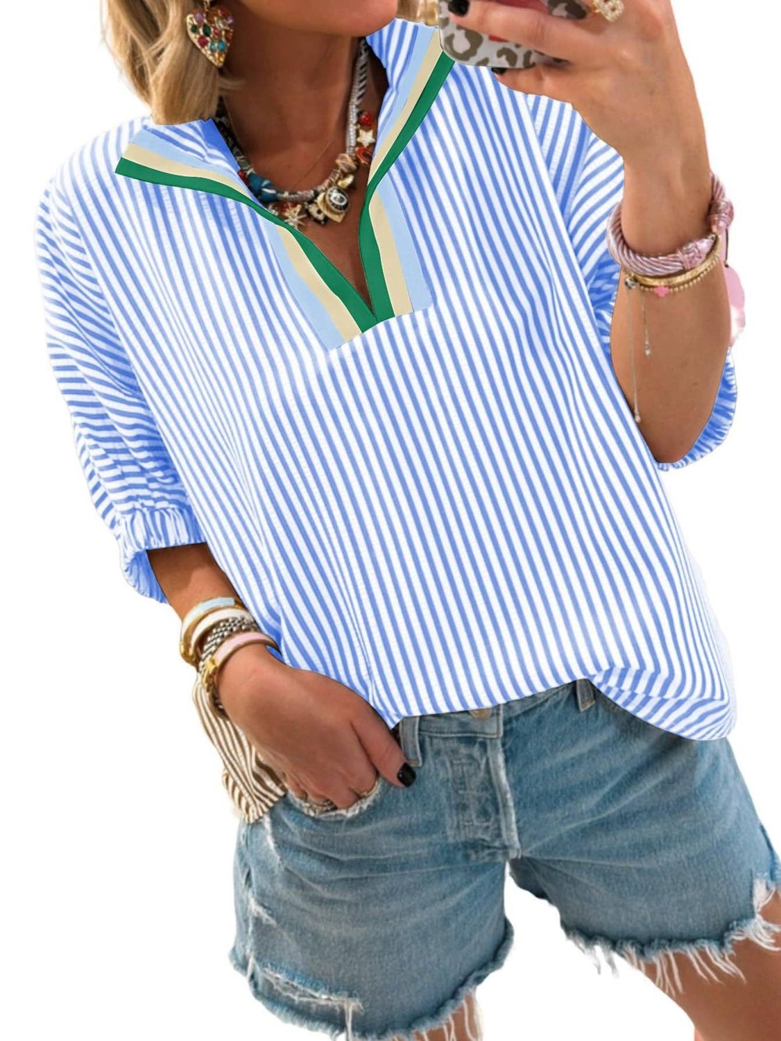 Striped V-Neck Colorblock Blouse Puff  Sleeve Casual Top, Color: Sky Blue, Material: 100%polyester, Size: M