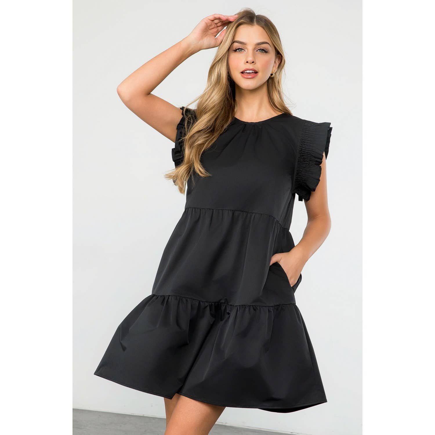 Ruffle Sleeve Tiered Dress, Color: BLACK, Size: XS-S-M-L(1-2-2-1)