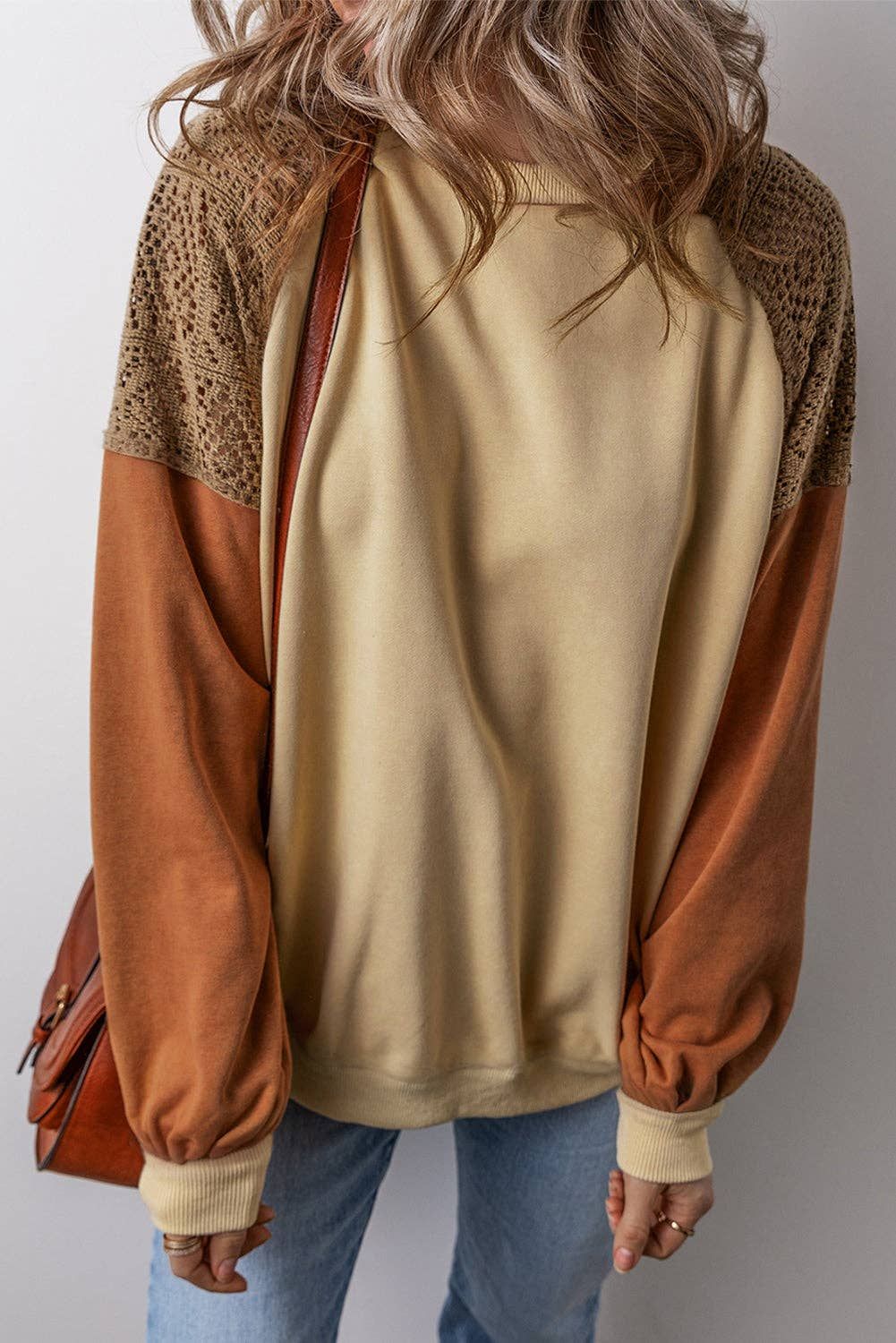 Colorblock Lace Patchwork Sweatshirt – Drop Shoulder Fit, Color: Khaki, Material: 65%Polyester+35%Cotton, Size: M