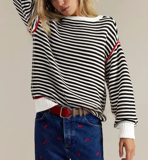 Stripe Knit Oversized Sweater Crew Neck Pullover Top