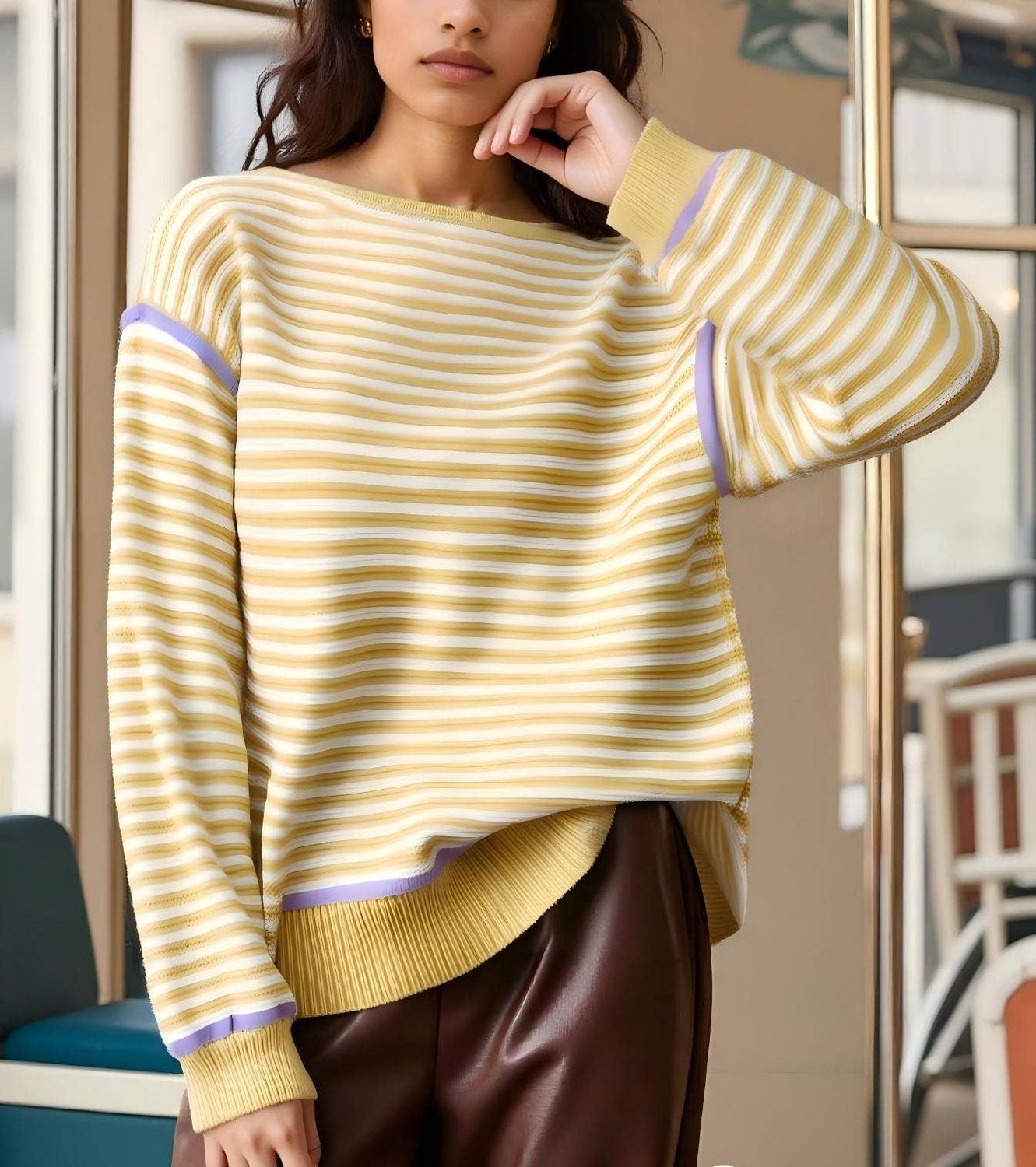 Stripe Knit Oversized Sweater Crew Neck Pullover Top, Color: Yellow, Material: 100 % Acrylic, Size: XL